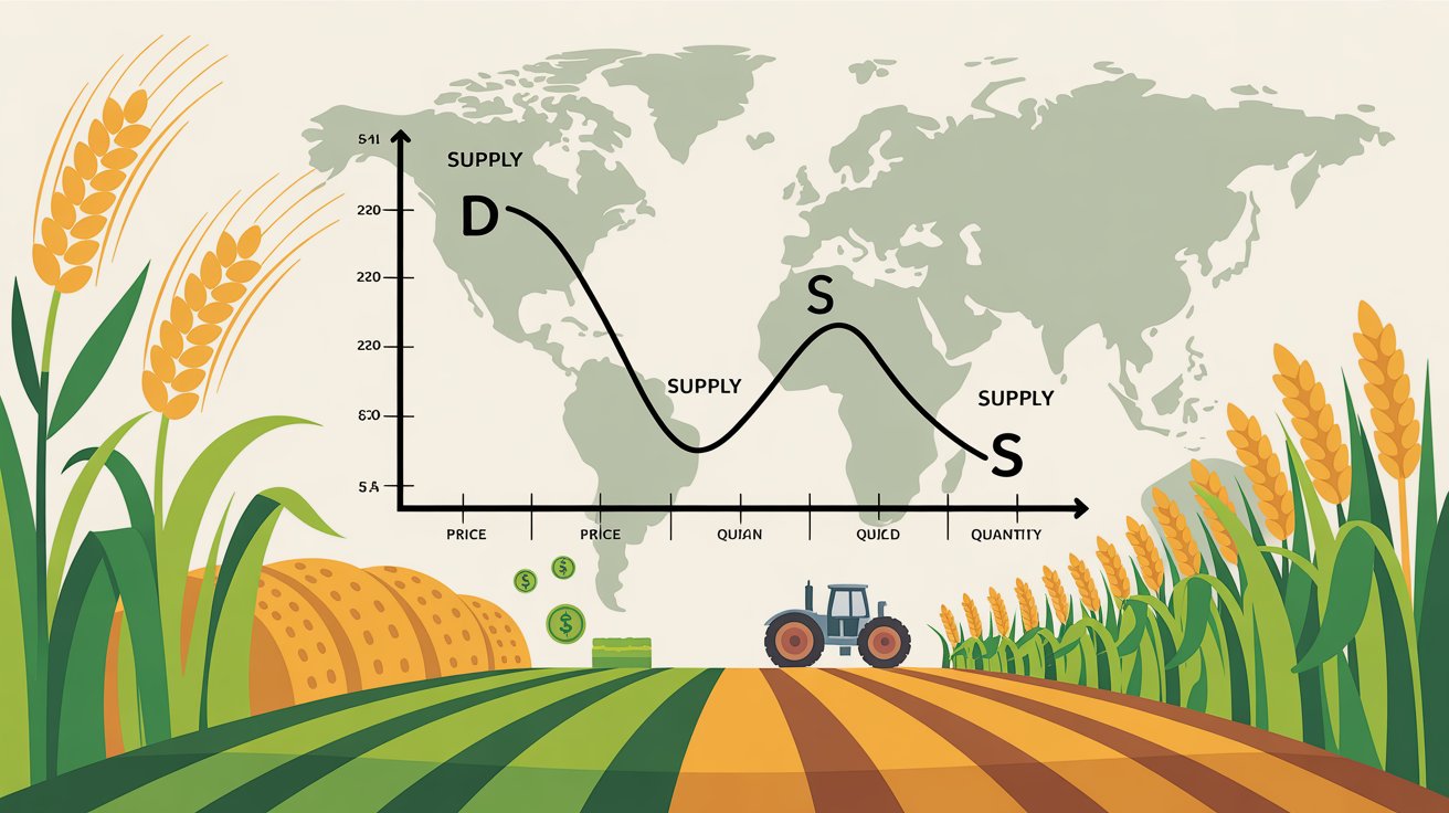 Illustration showing supply and demand curves with global agriculture symbols like crops, fields, and a world map background.