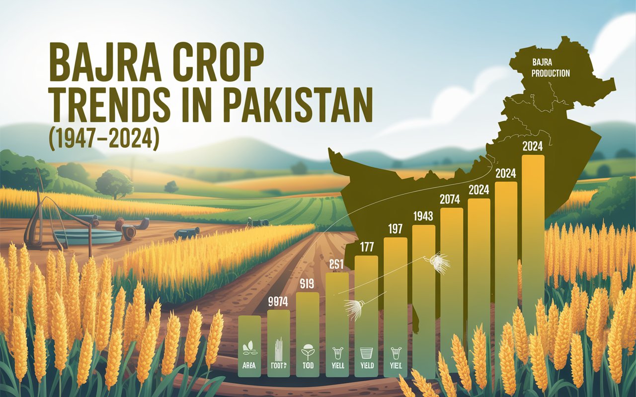 Infographic showing Bajra crop trends in Pakistan from 1947 to 2024 with visuals of fields, charts, and a map.