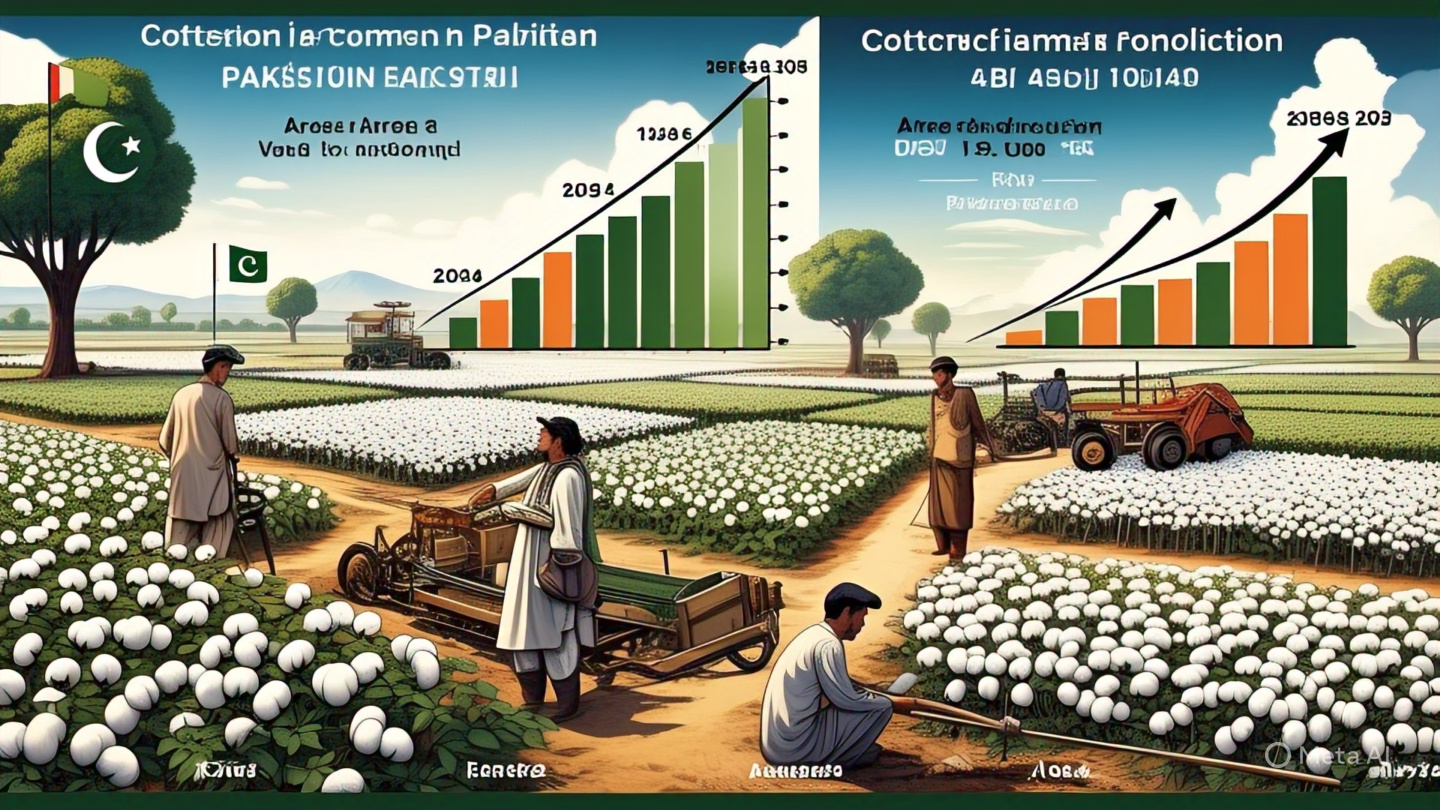 Visual representation of cotton farming trends in Pakistan from 1947 to 2024, including area, yield, and production growth.