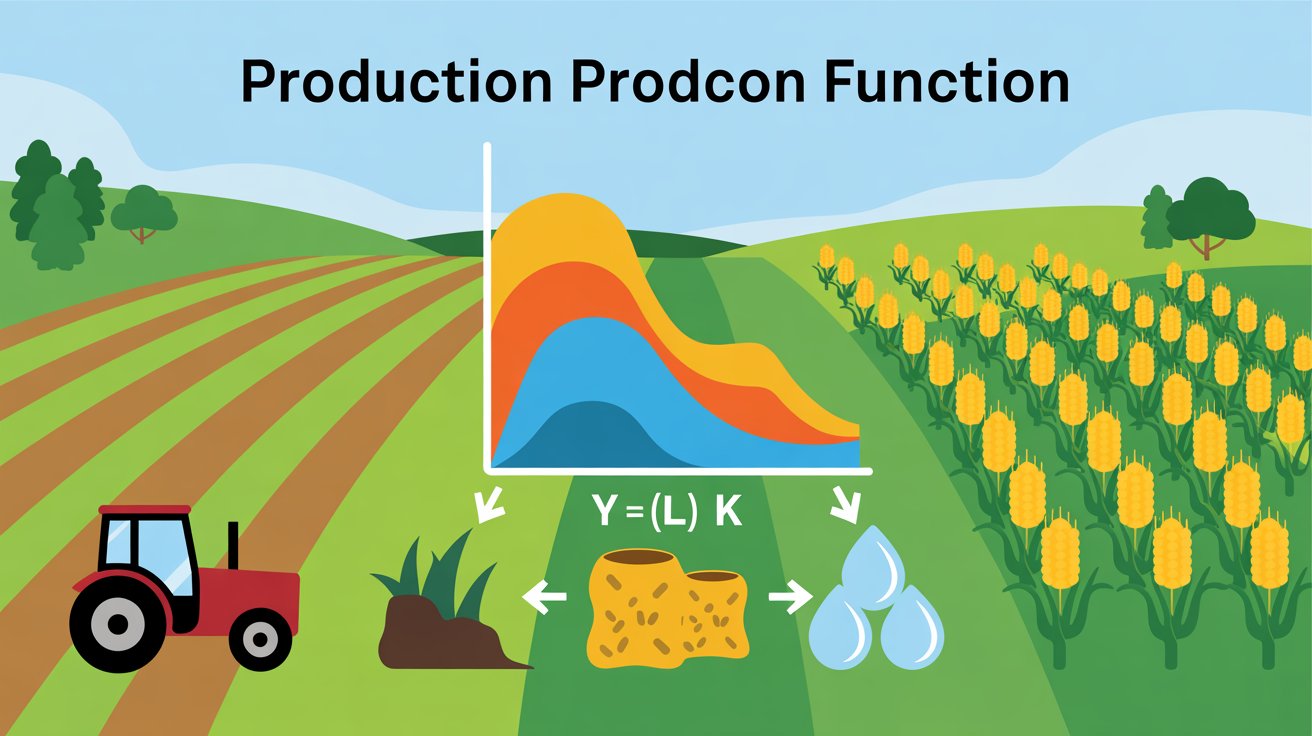 Diagram showing agricultural production function with farm inputs (land, labor, tractor, seeds, water) leading to crop output, with labeled arrows and a production equation.