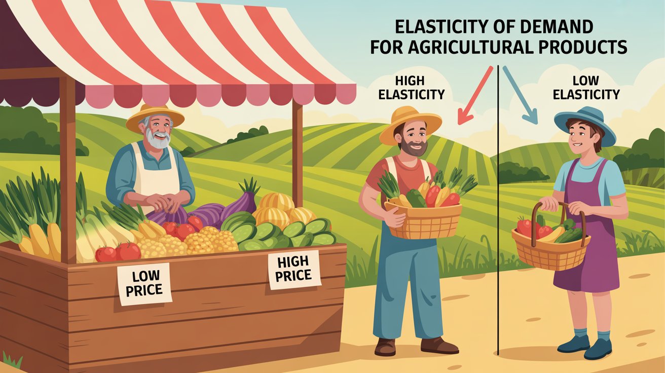 Illustration showing how demand for agricultural products changes with price – with a farmer's stall, buyers, and labeled concepts of high and low elasticity.