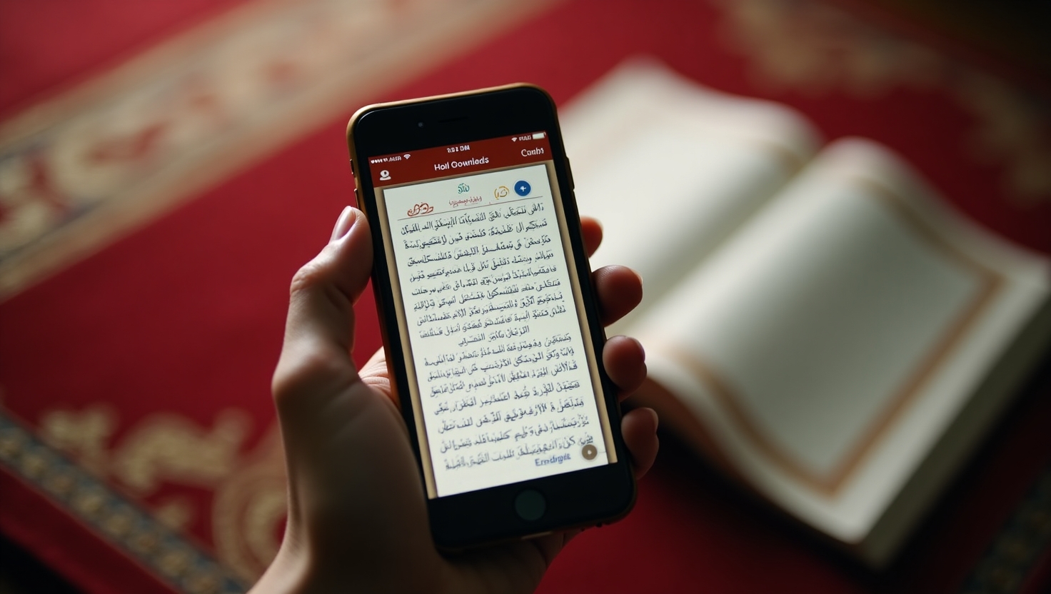“Open Holy Quran with Arabic text glowing on a wooden stand, digital tablet showing PDF download icon, crescent moon in background”