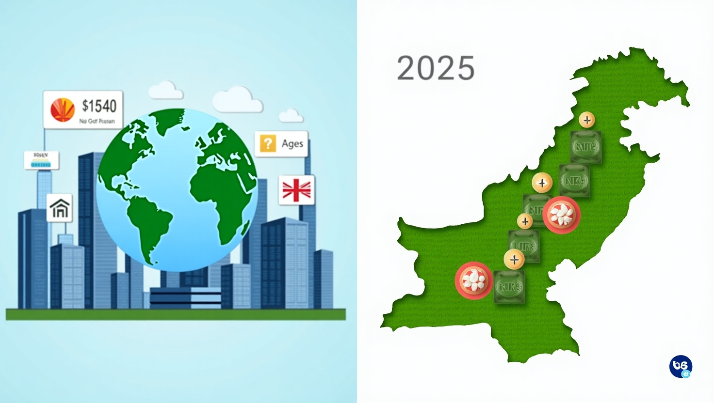 Comparison between world and Pakistan economies in 2025 using modern infographic elements